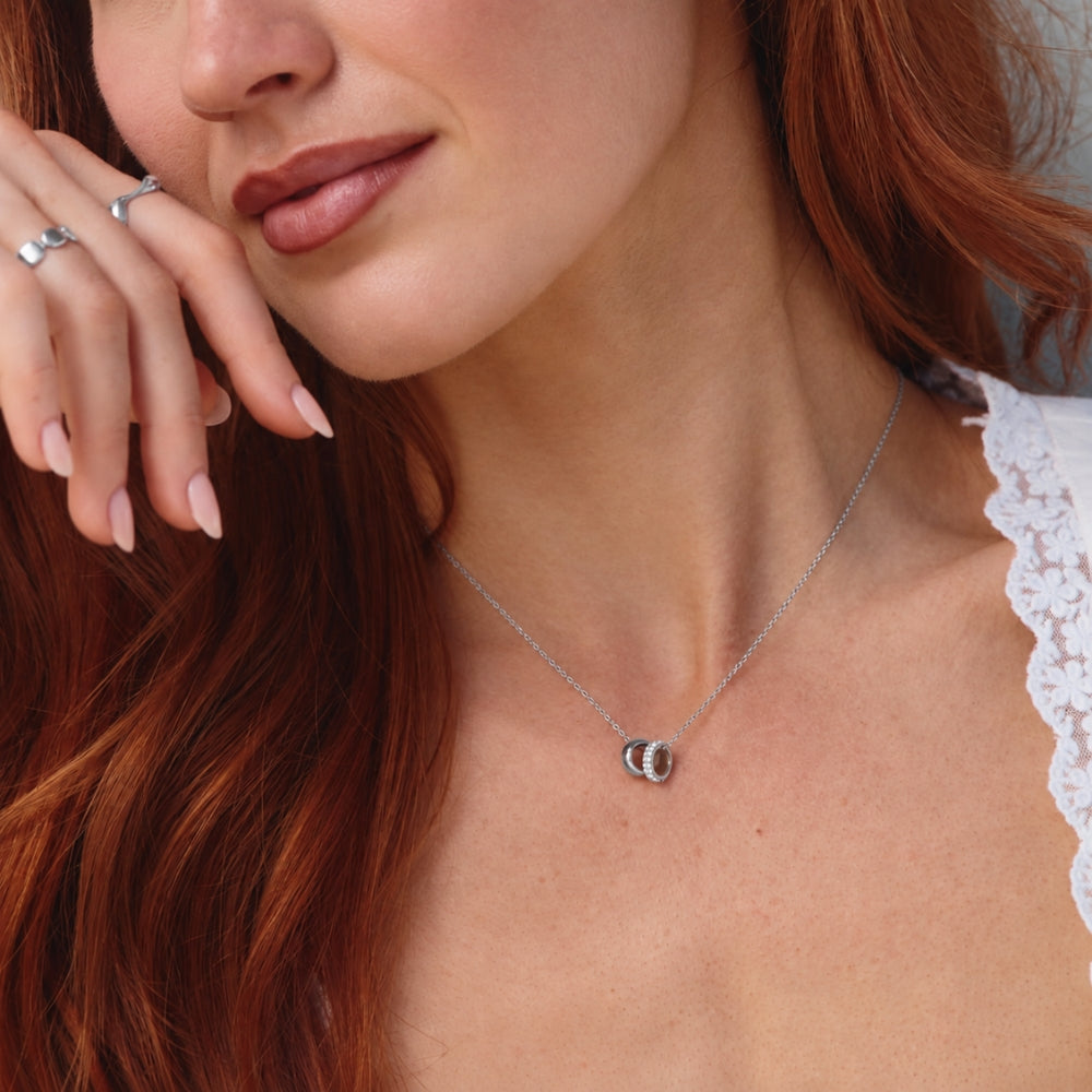Twin Silver & Crystal Ring Pendant Necklace