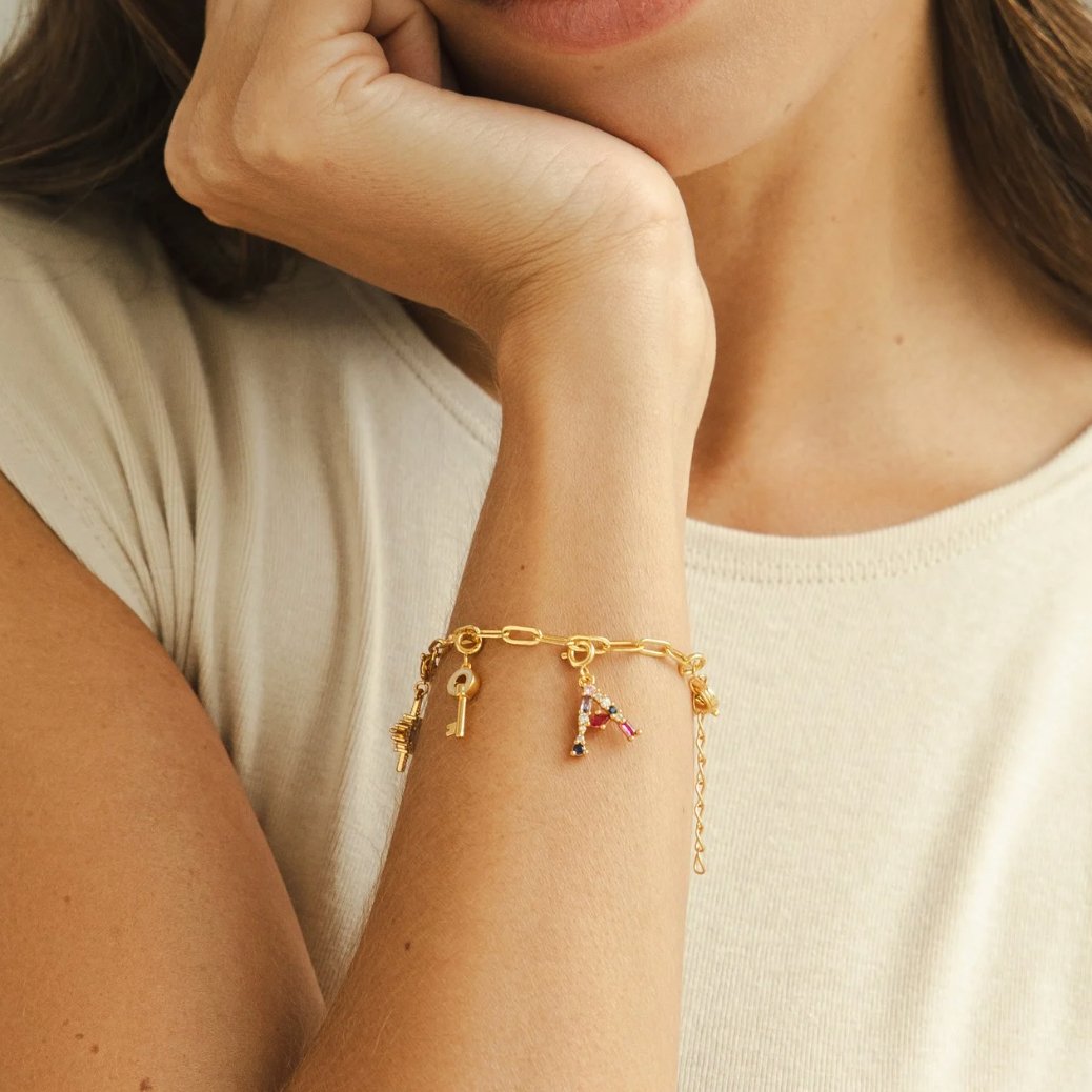 18K Gold Paperclip Charm Bracelet