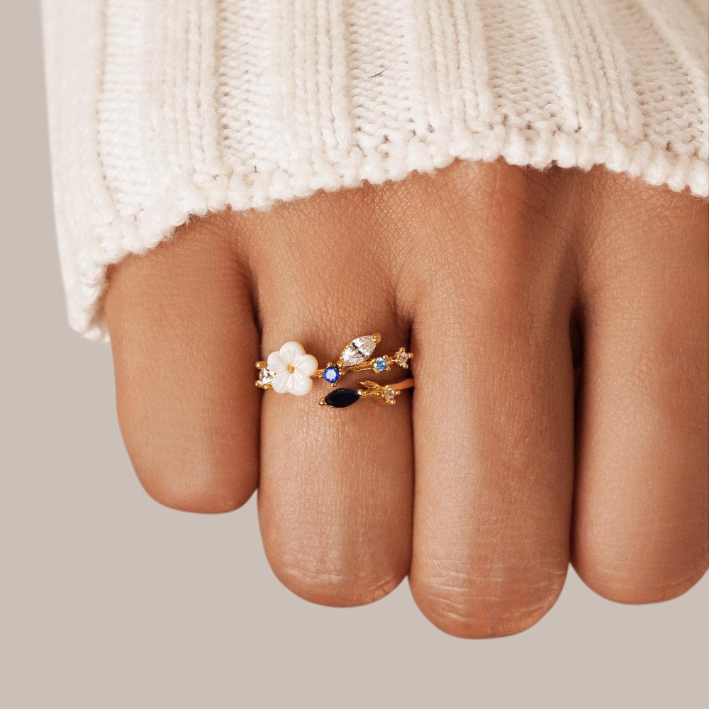 Crystal White Blossom Blue Ring - Beautiful Earth Boutique