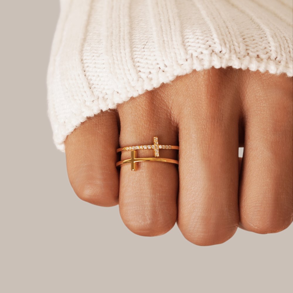 Layered Crystal & Gold Cross Ring - Beautiful Earth Boutique