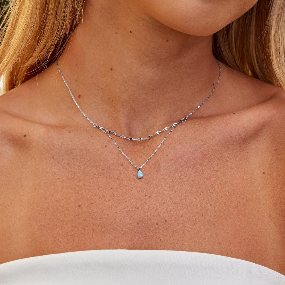 Silver Blue Opal Teardrop Layered Necklace - Beautiful Earth Boutique